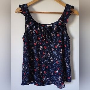 Navy Floral Sleeveless Top With Ruffles Size Small
